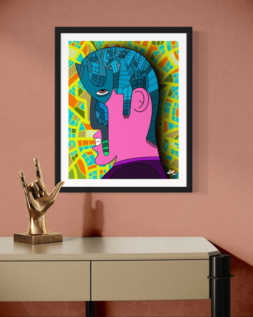 Eyemaze art print held in hands — Power of the Present mindfulness story card shown for size and detail